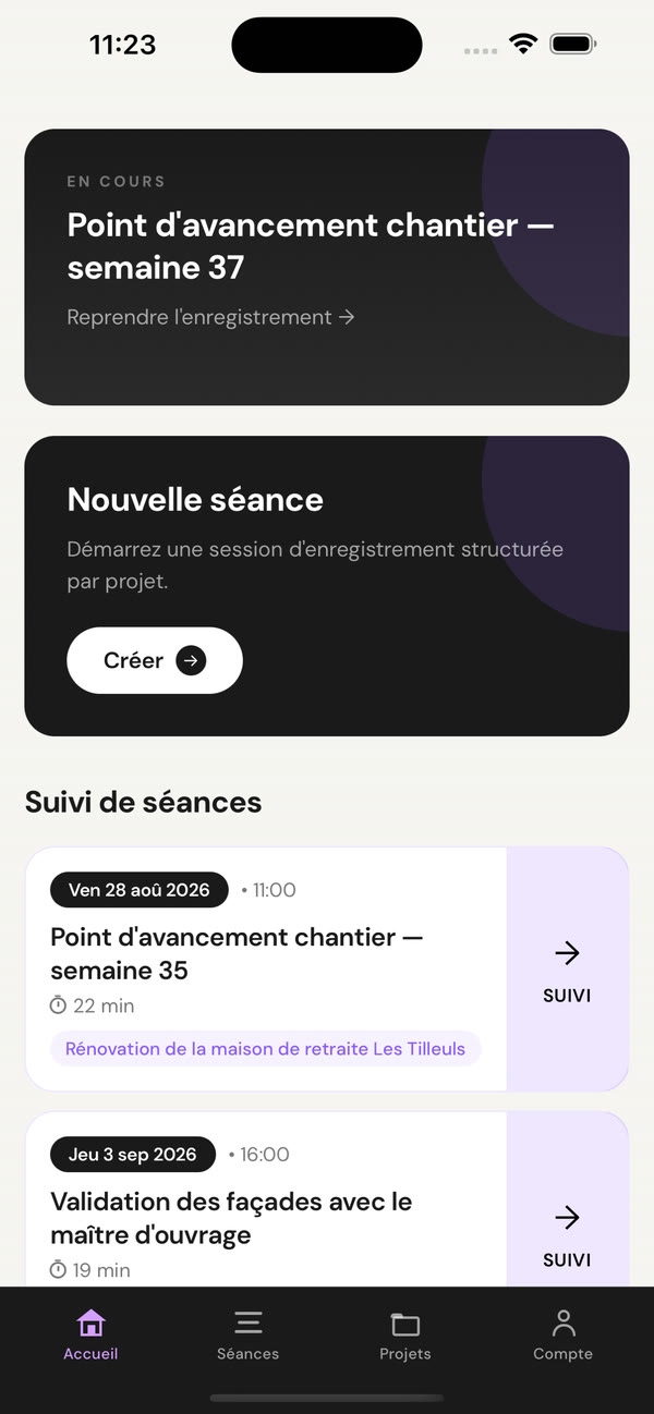 Accueil de l'app InitiateFlow : séance en cours et suivi des séances