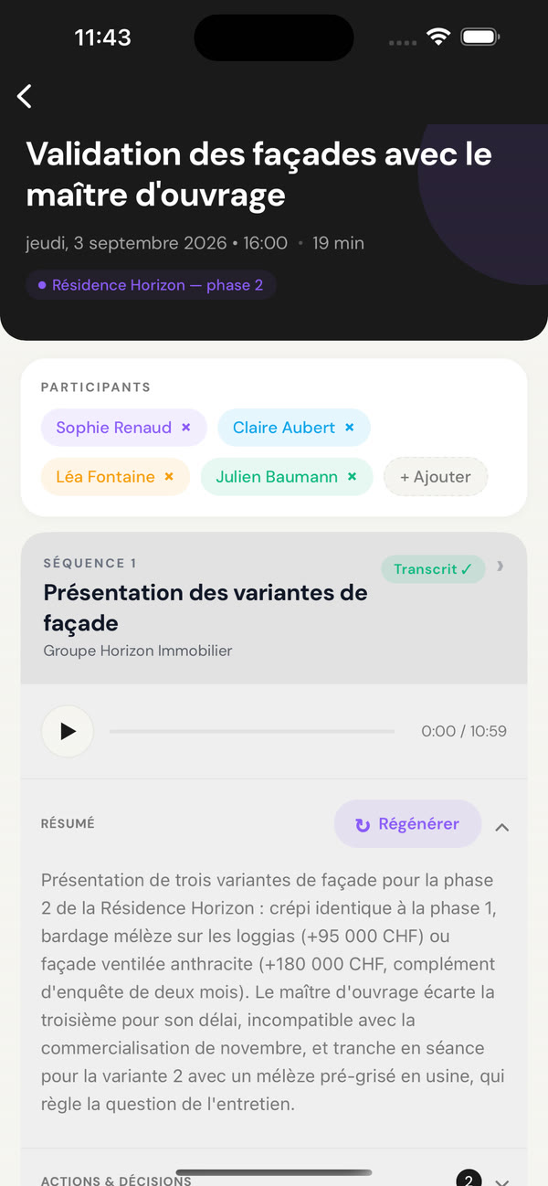 Détail d'une séance : participants, lecture audio et résumé