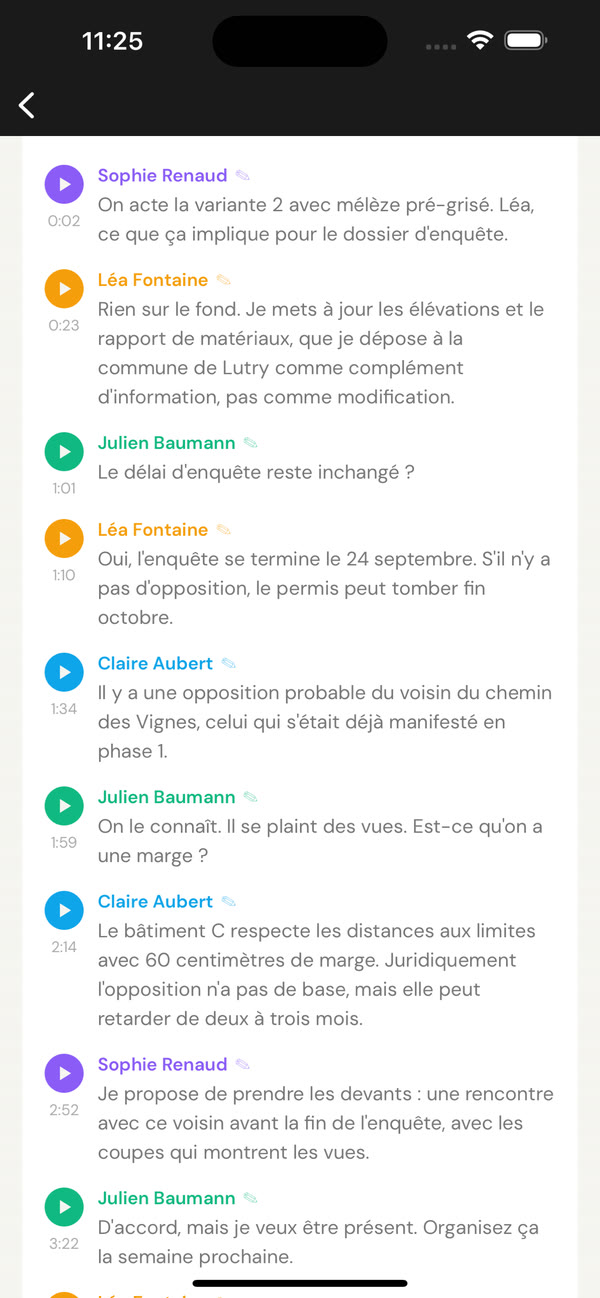 Transcription avec les intervenants identifiés et horodatés